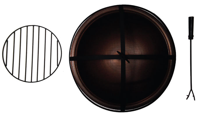 Copper Bowl, Screen, Grate & Poker